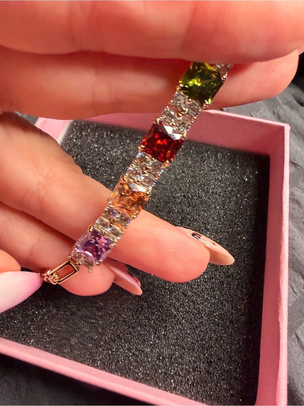 18K Gold Filled Rainbow Princess Cut AAA CZ Tennis Bracelet+1”Extender
